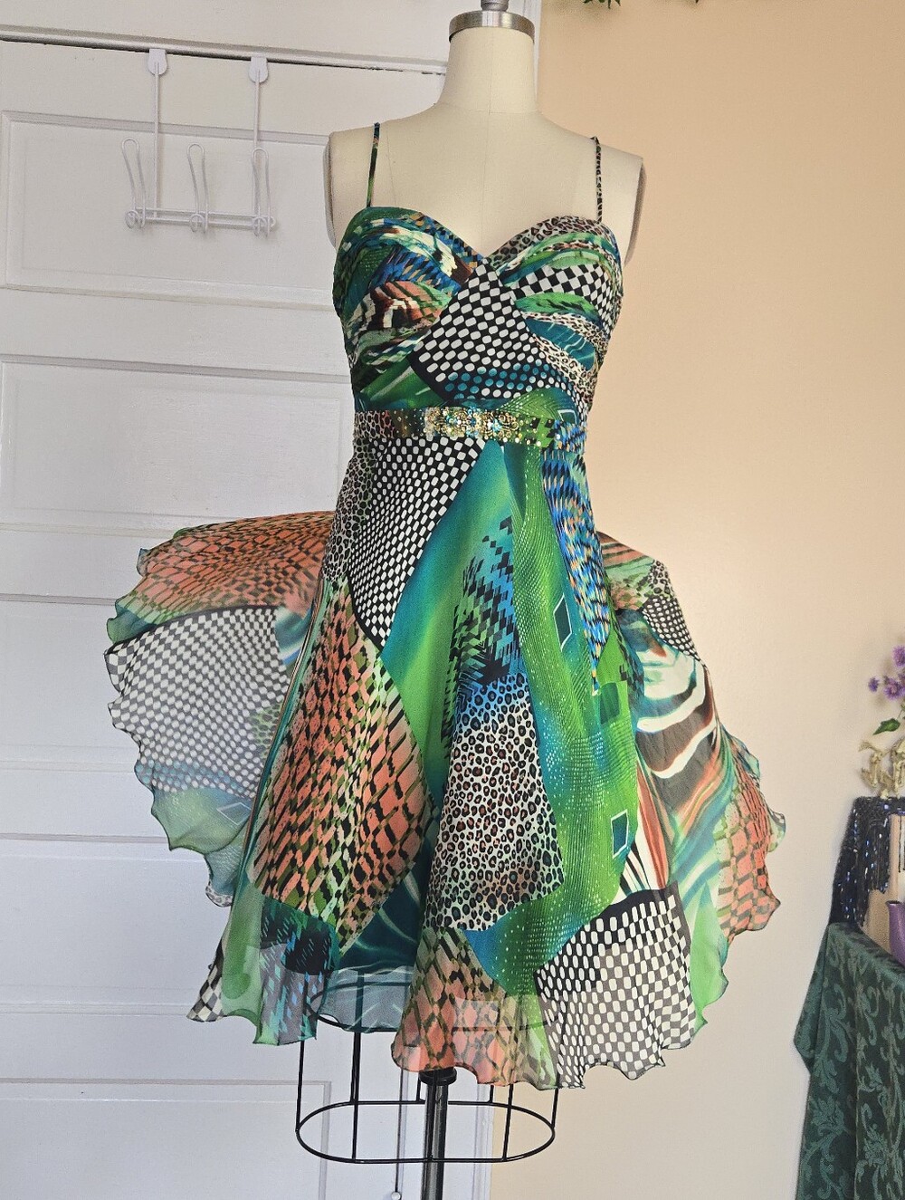 Diane Freis Silk Y2K green, blue, pink multi pattern print dress, beaded